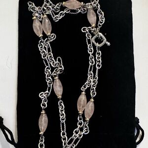 David Yurman Sterling and Gold Rose Quartz Necklace